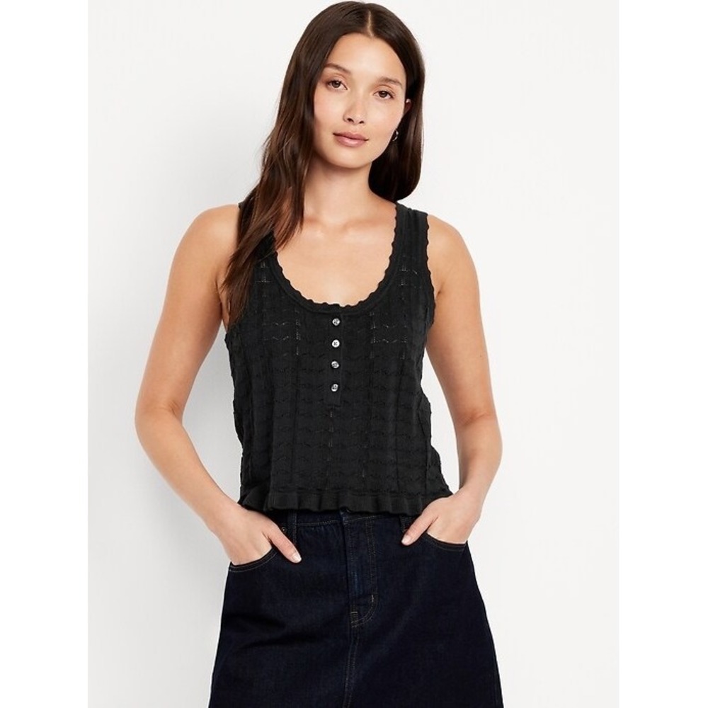 Old Navy Womens Pointelle Henley Tank Top Black Ruffle Hem 785032-02-1 Large